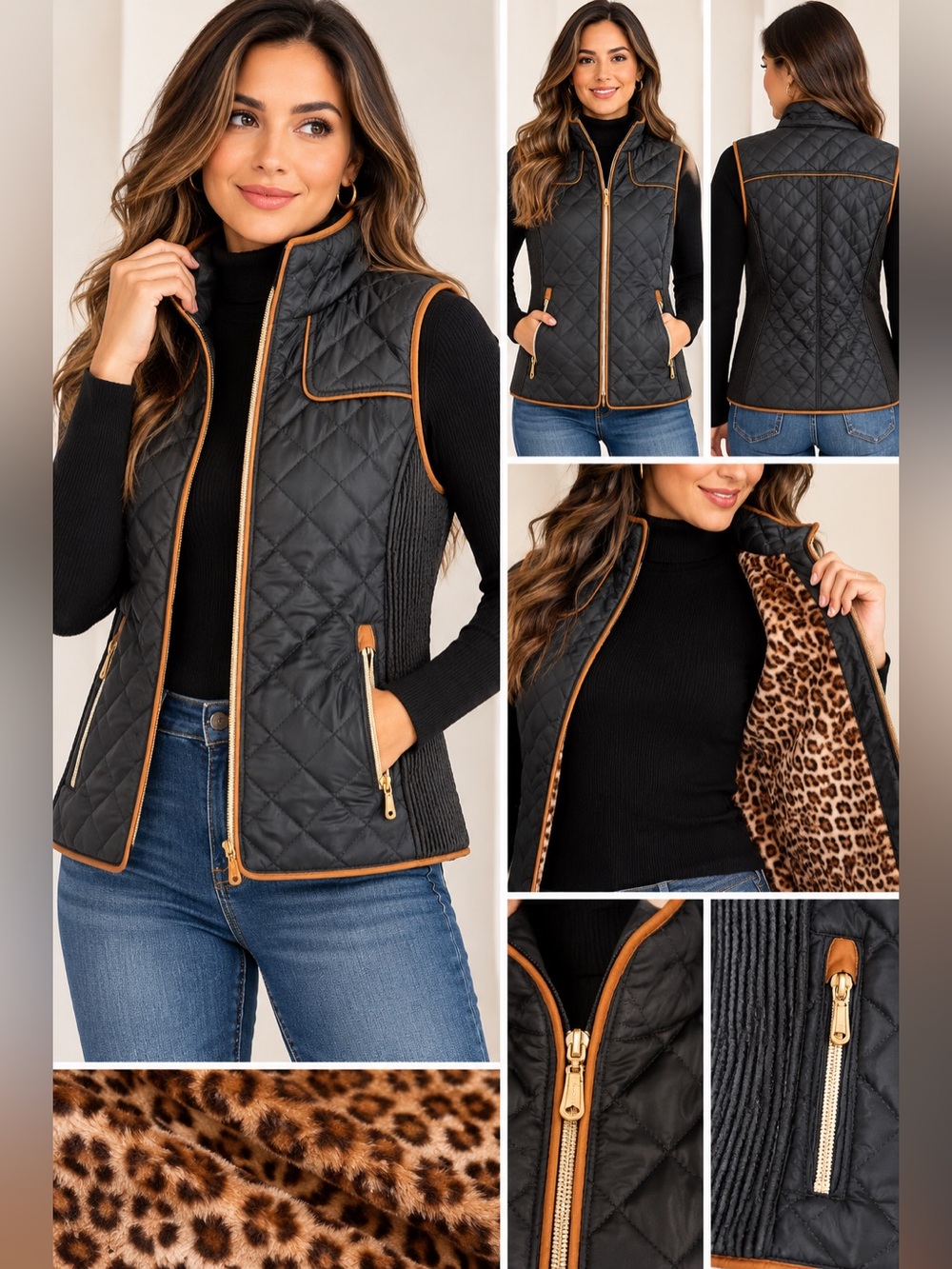 Quilted Black Vest with Tan Piping and Leopard-Print Lining